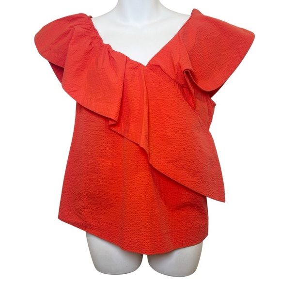 Cuyana red orange seersucker ruffle shoulder top size medium summer bright beach - Picture 1 of 7